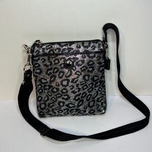 COACH Leopard Ocelot Black Silver Metallic Crossbody Handbag Purse Shoulder Bag